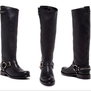 Frye Knee High Black Jenna Chain Tall Buckle Boots